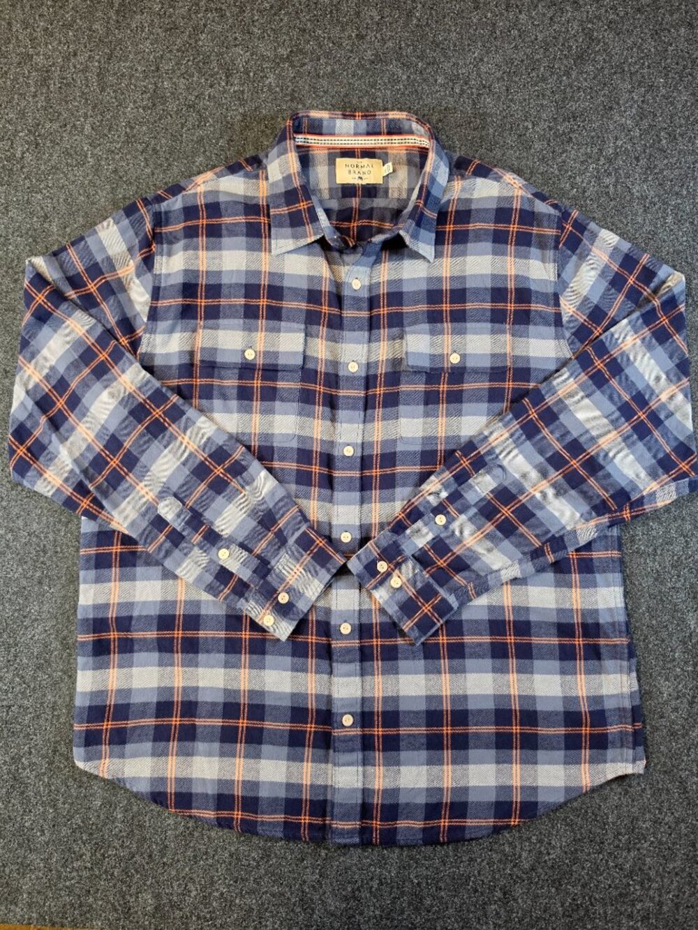 The Normal Brand Mens XL Plaid Flannel Shirt Blue Orange 100% Cotton Button Up